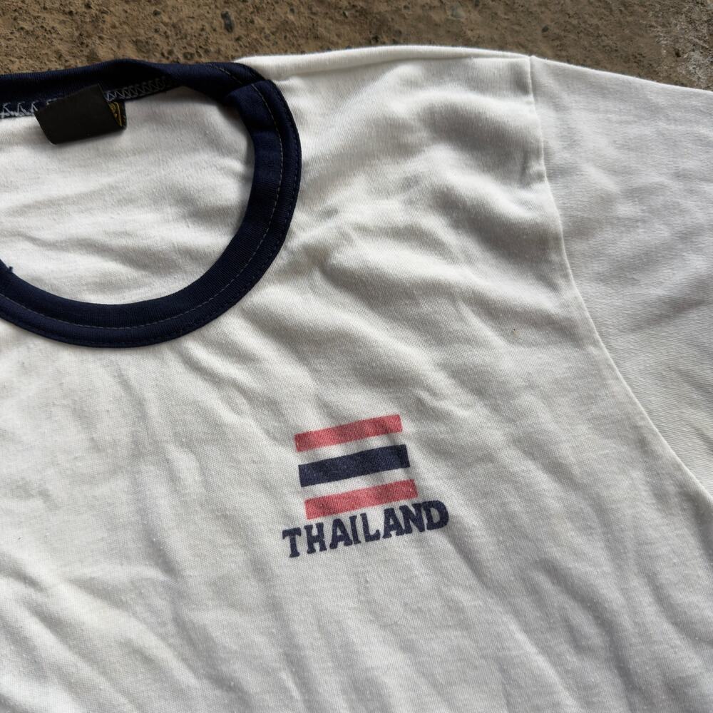 Vintage 70s Thailand Bangkok Ringer T Shirt Hippie Retro Men's Large White Thin